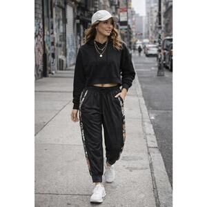 Black Women's Joggers with Floral Side Stripes New Large